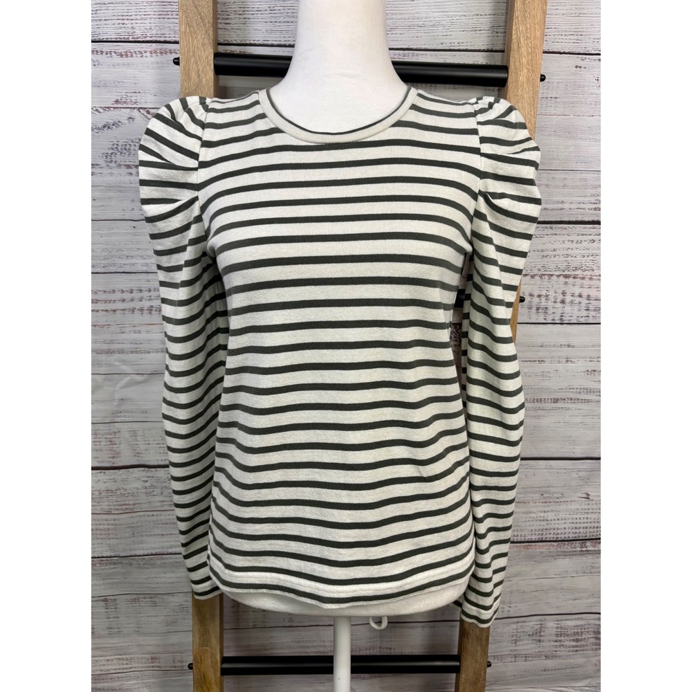 Rebecca Minkoff Womens XS Striped Puff Sleeve Top Olive Green Cream Long Sleeve